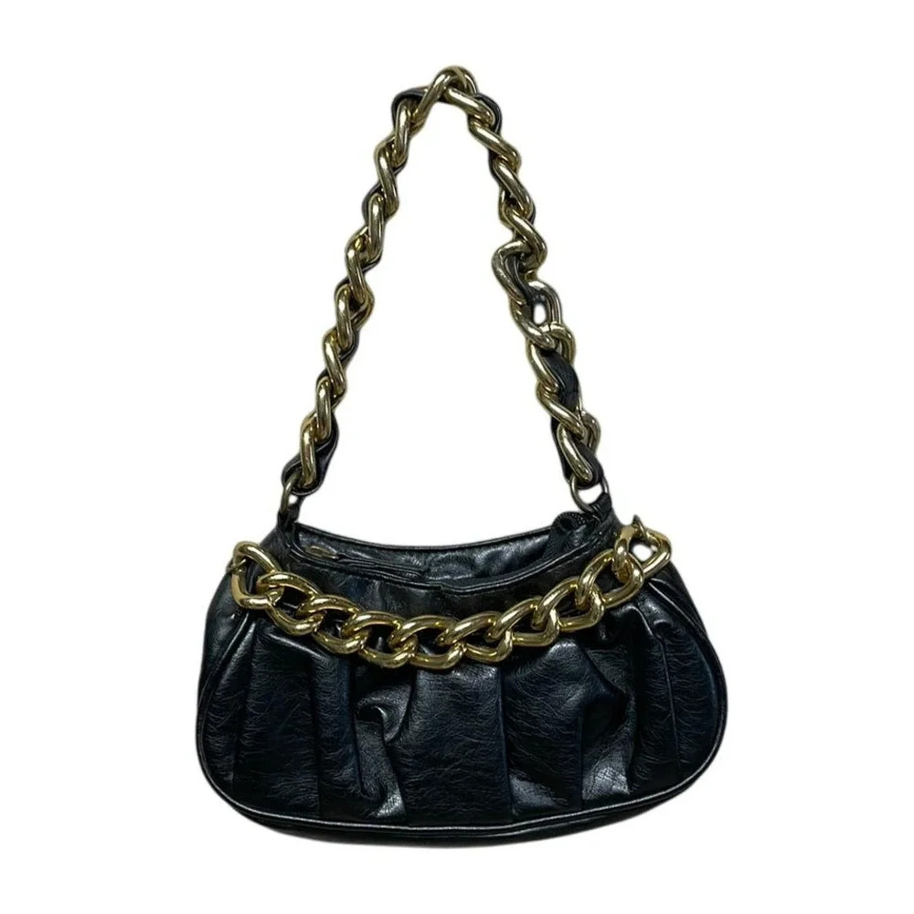 Candie's Y2K Ruched Black Pleather‎ Mini Handbag With A Chunky Gold Chain